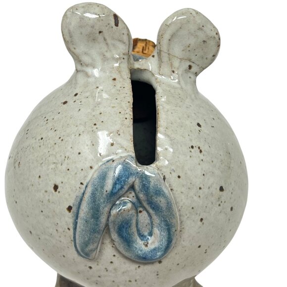 Handcrafted Ceramic Glazed Pottery Beige Blue Piggy Bank Cork Stopper Signed - Picture 6 of 8